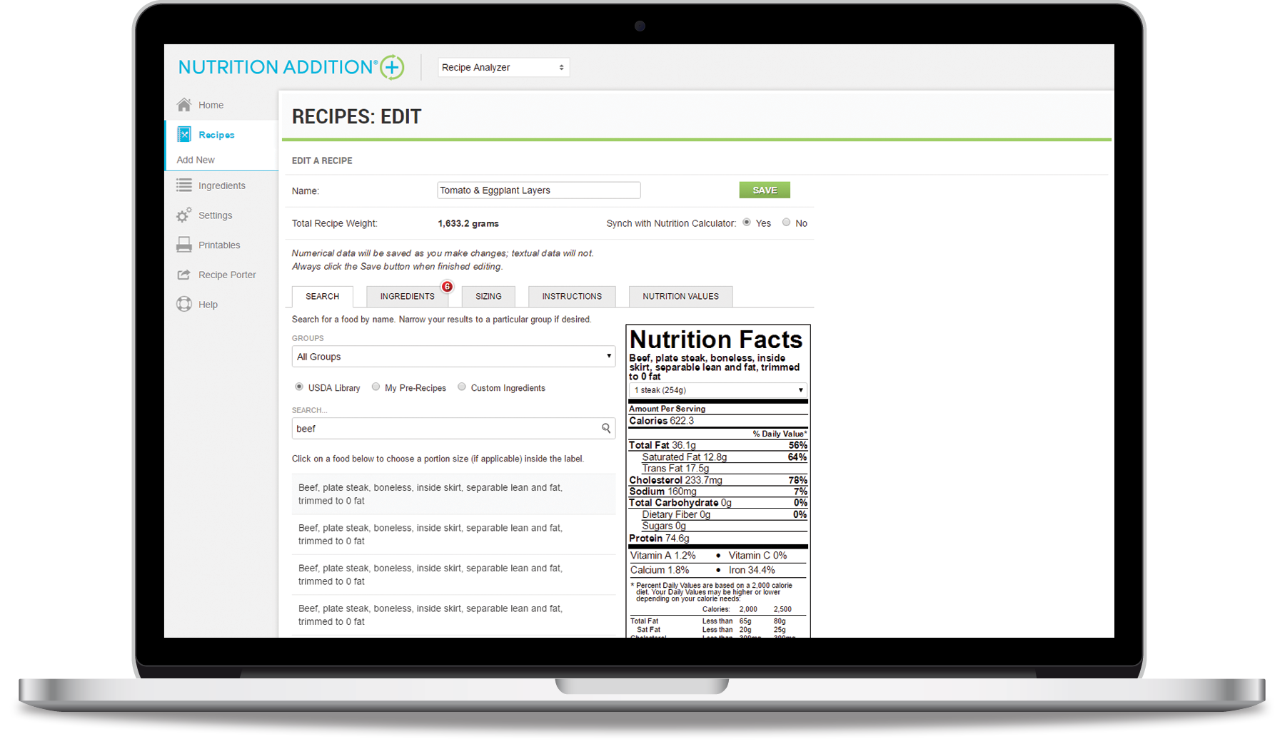 Recipe Analyzer Nutrition Addition